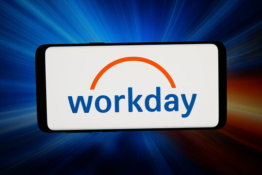 Stuttgart, Germany - 07-17-2026: In this photo illustration, the logo of US software company Workday Inc. is displayed on a smartphone in front of abstract background on computer screen.