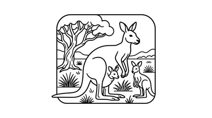 Elegant Black and White Line Drawing of Three Kangaroos and a Tree in a Natural Habitat Setting © Tresno