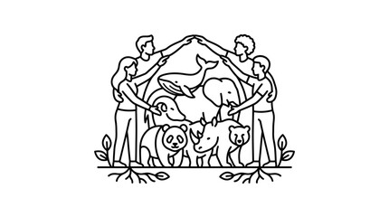 Obraz premium Elegant Black and White Line Drawing of Community Protecting Wildlife Under a Unified Hand Structure