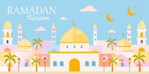 Fototapeta premium Middle eastern village scene with mosques and palm trees vector illustration