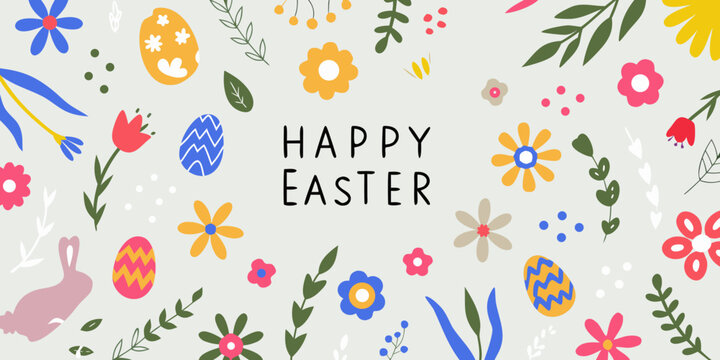 Floral and egg pattern with easter text vector illustration