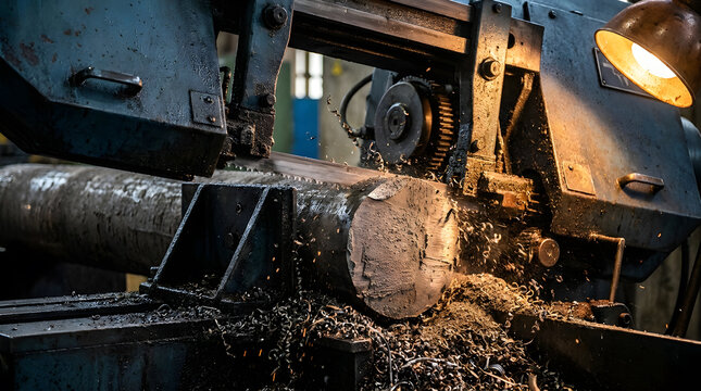 Industrial Bandsaw Machine Cutting Heavy Steel Round Bar with Sparks