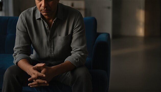 Middle aged man sitting on a plush sofa in a dimly lit modern living room, reflecting exhaustion and contemplative stress through slumped posture