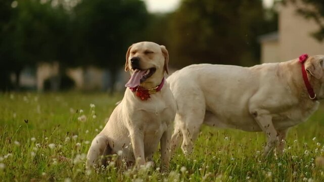 A young and an older yellow Labradors sit together on the grass.