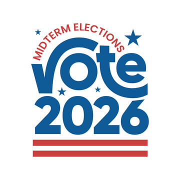 Midterm Elections 2026 typography banner design with vote text, stars and red stripes vector illustration. Patriotic American political campaign voting template for USA election poster.