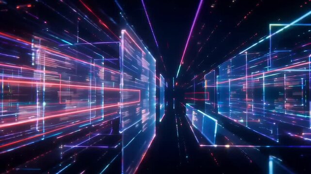 Digital data stream tunnel animation with glowing neon lines and transparent information interface panels motion footage