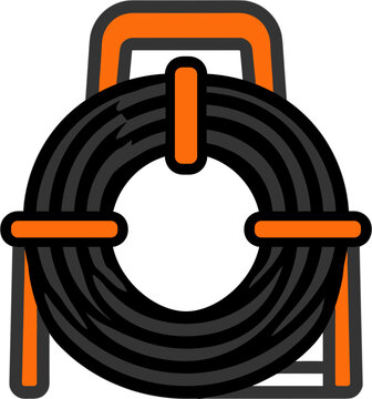 Isolated black coiled electrical cable on an orange and grey cable reel stand, industrial equipment for power transmission, tool for construction and maintenance