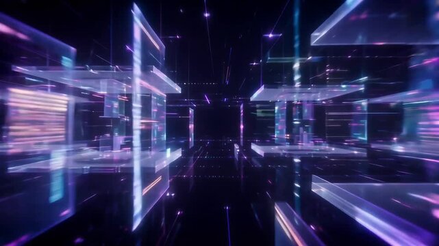 Digital cyberspace data architecture featuring glowing glass panels moving through abstract neon motion video background footage