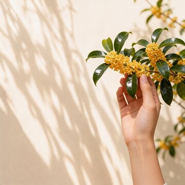 金木犀の花にそっと触れる女性の手と秋のボタニカル背景