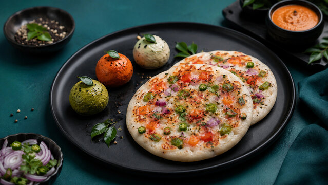 Uttapam topped with colorful vegetables  presented on a matte black plate with chutney spheres  deep turquoise backdrop