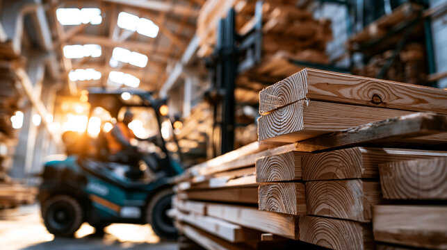 Storage hall of timber mill with long stacks of planed wooden boards on racks and forklift in bright sawmill interior warm wood tones under daylight from skylights timber