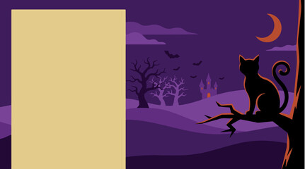 Halloween Dark Black Cat Frame Illustration with Spooky Pumpkin, Bats, Moon and Haunted Forest Template Background