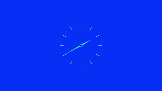 Cyan color Clock icon flat style 24 hours day fast speed with moving timer clock rotation. analog clock timer circle animated. 12 Hours Clock animation on blue background.