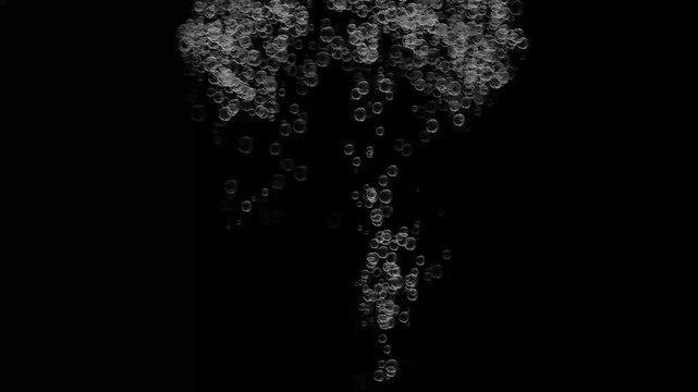 Abstract liquid particle wave of rising bubbles on a isolated black background