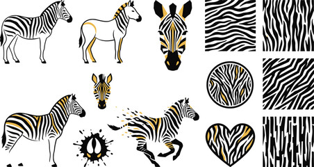 Obraz premium Zebra Collection with Animal Illustrations, Striped Pattern Elements, Wildlife Portraits, Abstract Prints, and Safari Design Assets for Creative Vector Projects
