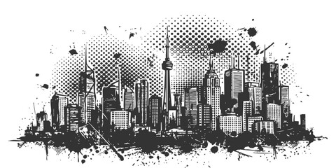 Fototapeta premium Black and white ink sketch of Toronto city skyline with skyscrapers and dot halftone pattern artistic style