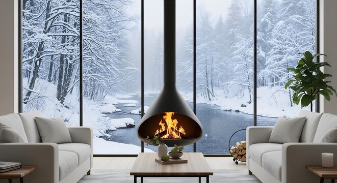 Cozy modern living room with fireplace and snowy forest river view