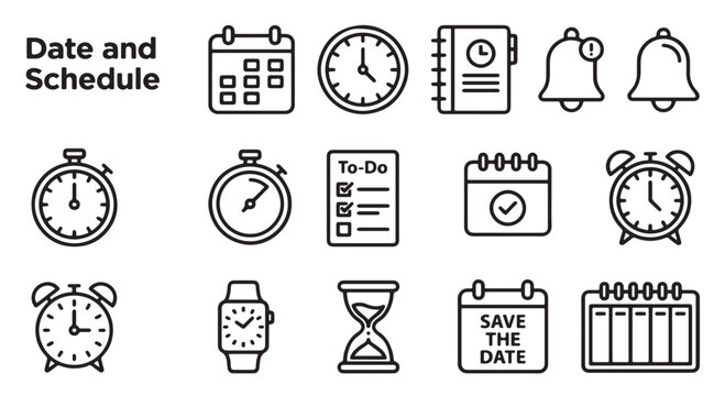 Date and Schedule Outline Icon Pack, Calendar, Clock, Alarm, To Do List, Time Management Black and White Vector Set