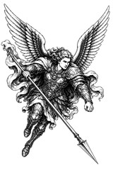 Obraz premium Flying warrior angel with feathered wings, ornate armor, flowing cloak, and a long spear in a detailed vintage black and white engraving.