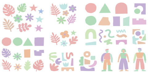Obraz premium Set of abstract geometric shapes tropical leaves and modern human figures in soft pastel colors for design