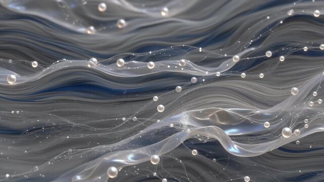 Abstract fluid waves with pearl particles in a glossy digital style on a dark blue background, evoking elegance, motion, and connectivity