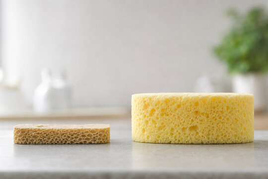 Dry compressed sponge beside expanded water-soaked sponge, absorption and cleaning concept