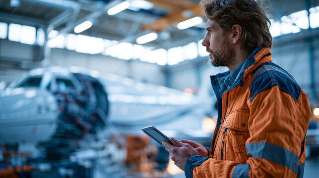 Aircraft mechanic in high visibility jacket seen from behind inspecting fuselage and technology of white jet in bright airport hangar tablet in hand spacious clean interior with