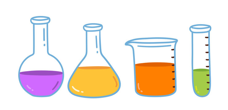 Colorful laboratory glassware with liquids. Vector illustration isolated for science and chemistry design.