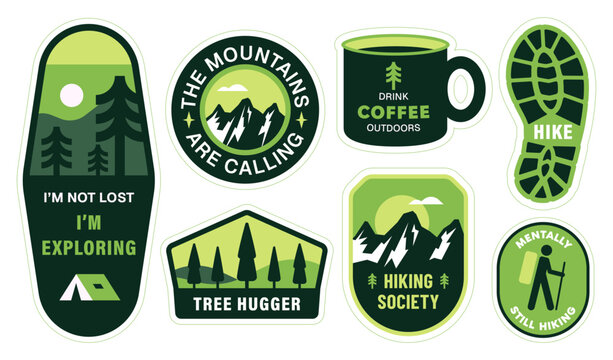 Outdoor hiking sticker set with mountain landscapes, camping, forest, coffee mug and trail symbols. Adventure-themed vector badges for nature lovers, explorers and backpacking enthusiasts.