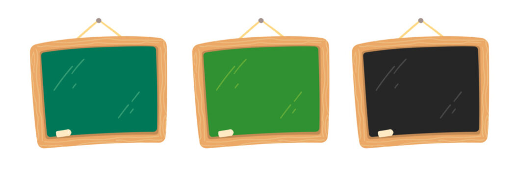 Three blank blackboards with wooden frames and chalk. Vector illustration isolated for school design.