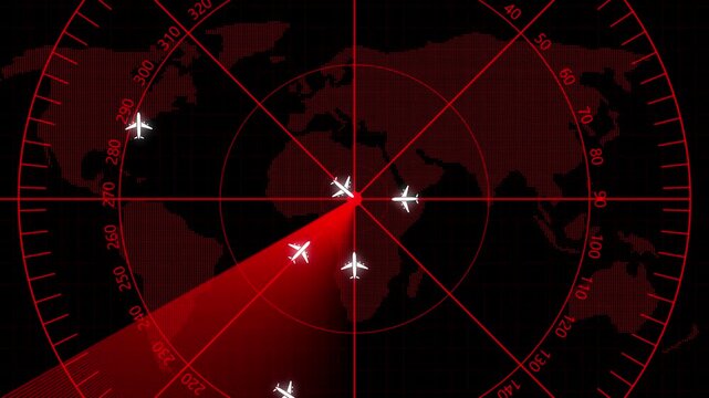 Red color global military radar screen displaying aircraft targets and threats on a world map. an air traffic control tower equipped with radar. High-tech radar scanner for flight coordinates.
