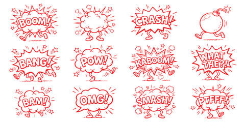Set of funny comic speech bubbles with legs and action words like boom bang and pow in a hand drawn style © ZenVectors