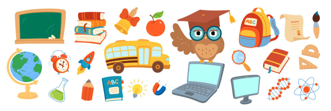 Colorful school icon set with owl, bus, books, globe, laptop, and science symbols. Vector illustration isolated.