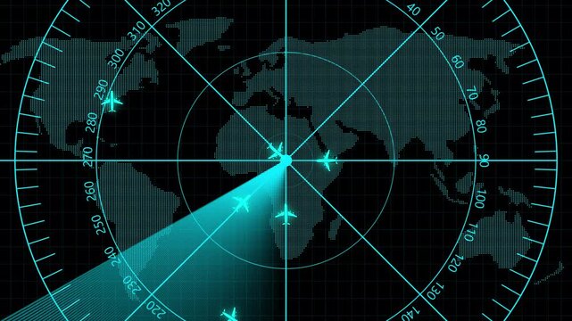 Global military radar screen displaying aircraft targets and threats on a world map. an air traffic control tower equipped with radar. High-tech radar scanner for flight coordinates.