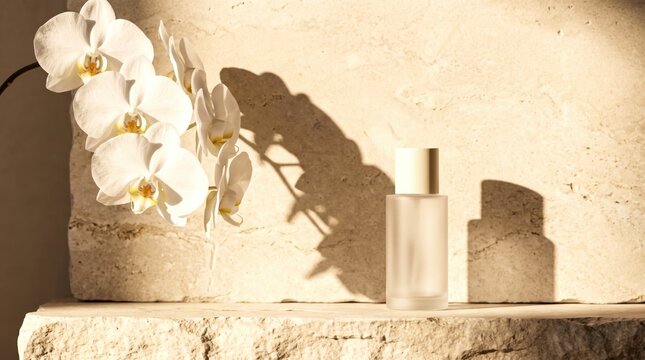 Minimalistische Kosmetikflasche mit wei&szlig;en Orchideen im warmen Sonnenlicht