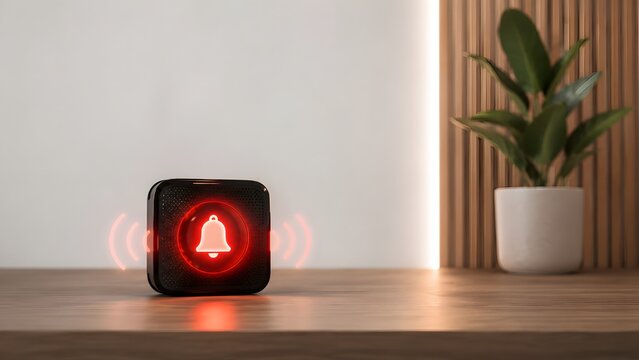 Smart home security alarm and emergency notification with glowing red bell icon on digital device