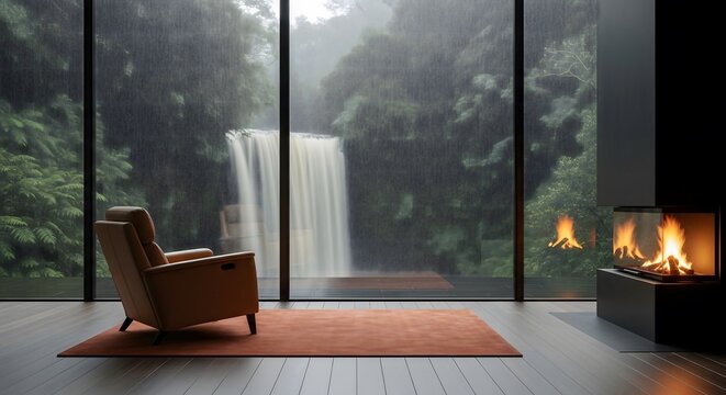 Cozy armchair by roaring fireplace with waterfall view in rainy forest