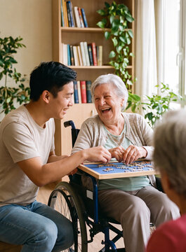 Warm family moment with a young man and an elderly woman in a wheelchair enjoying a board game together at home or in a care facility, symbolizing companionship and intergenerational bonding.