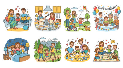 Fototapeta premium Happy Family Activities Doodle Vector Collection, Parenting, Childhood, Birthday, Cooking and Outdoor Lifestyle Illustration Set