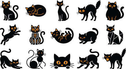 Fototapeta premium A comprehensive halloween vector bundle featuring a collection of cute black cats in various poses perfect for spooky holiday graphic design projects