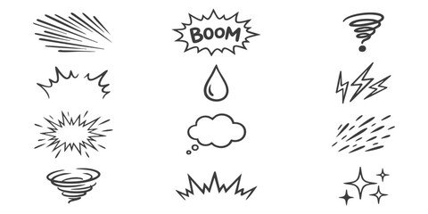Set of hand drawn comic book effect elements and cartoon speech bubbles for graphic design and animation art © ZenVectors