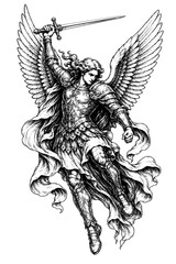 Obraz premium Flying warrior angel with feathered wings, ornate armor, flowing robes, and a raised sword in a detailed vintage black and white engraving.