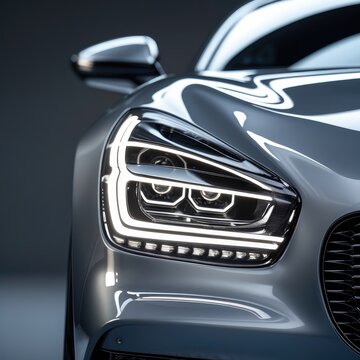 Close-up shot of a grey luxury car LED headlight with circular glowing elements. automotive lighting tech, premium vehicle exterior, modern styling.