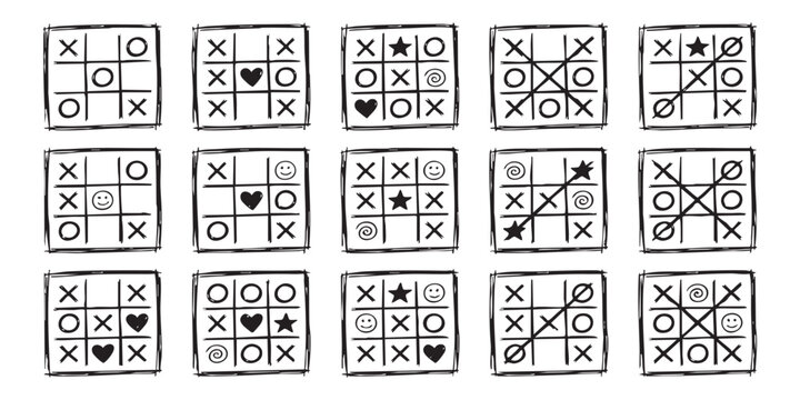 Set of fifteen hand drawn tic tac toe games with various symbols like hearts and stars sketched in black ink