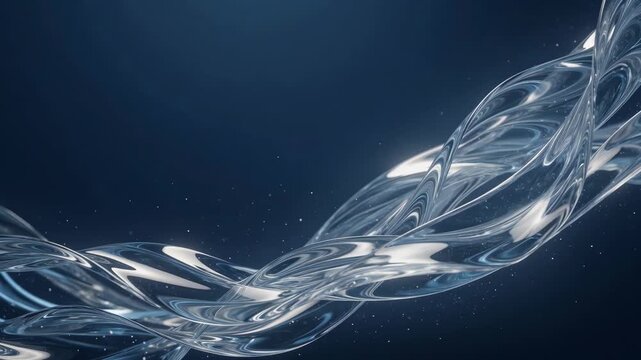 Transparent fluid ribbon with sparkling droplets in abstract style on a deep blue background, symbolizing motion and purity