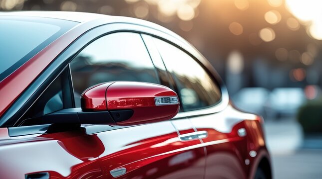 Close-up of a glossy red sports car side mirror reflecting soft warm daylight. luxury vehicle detailing, elegant automotive styling, premium product showcase.