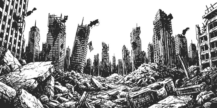 Post apocalyptic city with ruined buildings and destroyed skyscrapers in a dark black and white sketch style