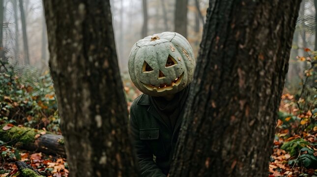 Scary figure with a glowing pumpkin head in a dark misty forest