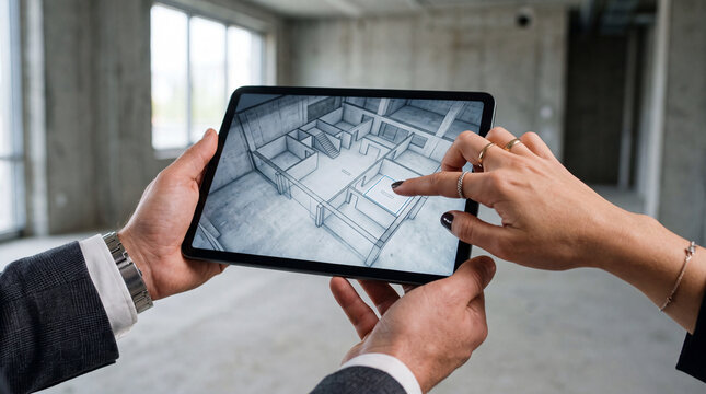Close-up hands holding tablet showing 3D blueprint model in empty industrial office. Client pointing at digital architectural floor plan layout during site tour with real estate agent.