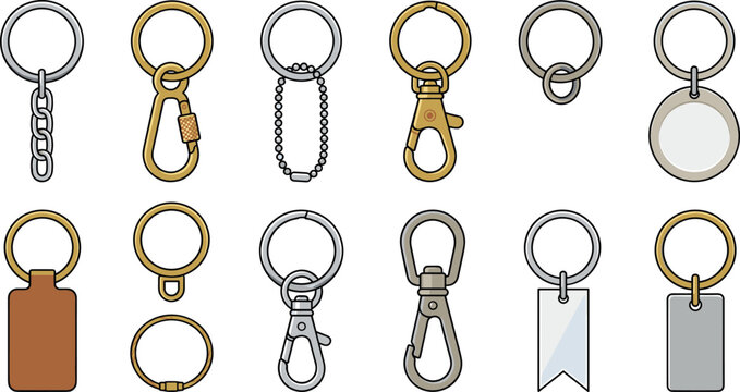 Keychain hardware and key ring accessory icon collection featuring metal clips split rings hooks tags and key holders vector set